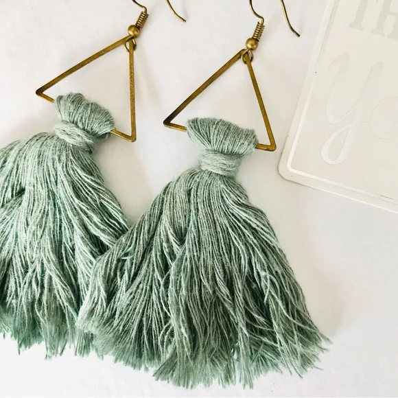 Sage Green Blue Tassel Earrings - Picture 4 of 7